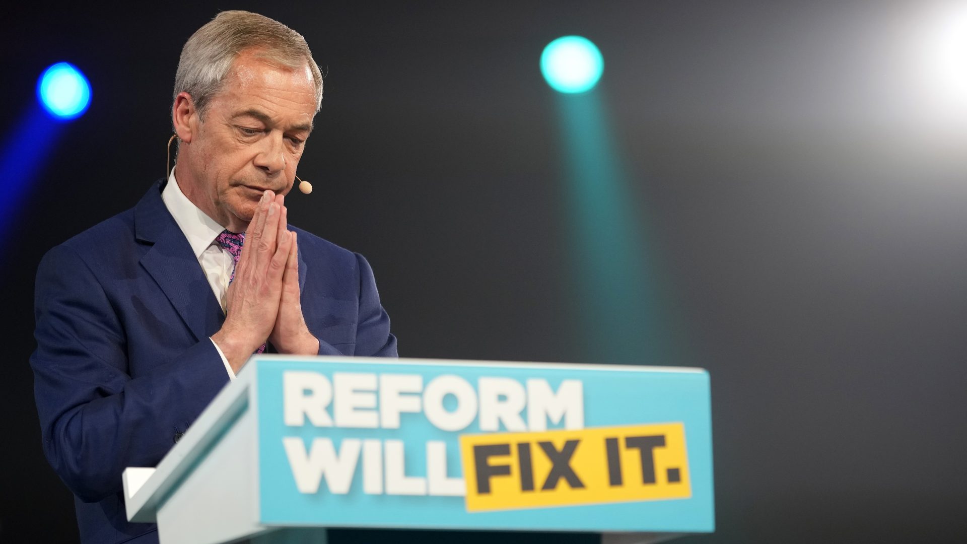 Nigel Farage on stage at a Reform UK campaign launch rally at the Utilita Arena, Birmingham. Photo: Christopher Furlong/Getty Images