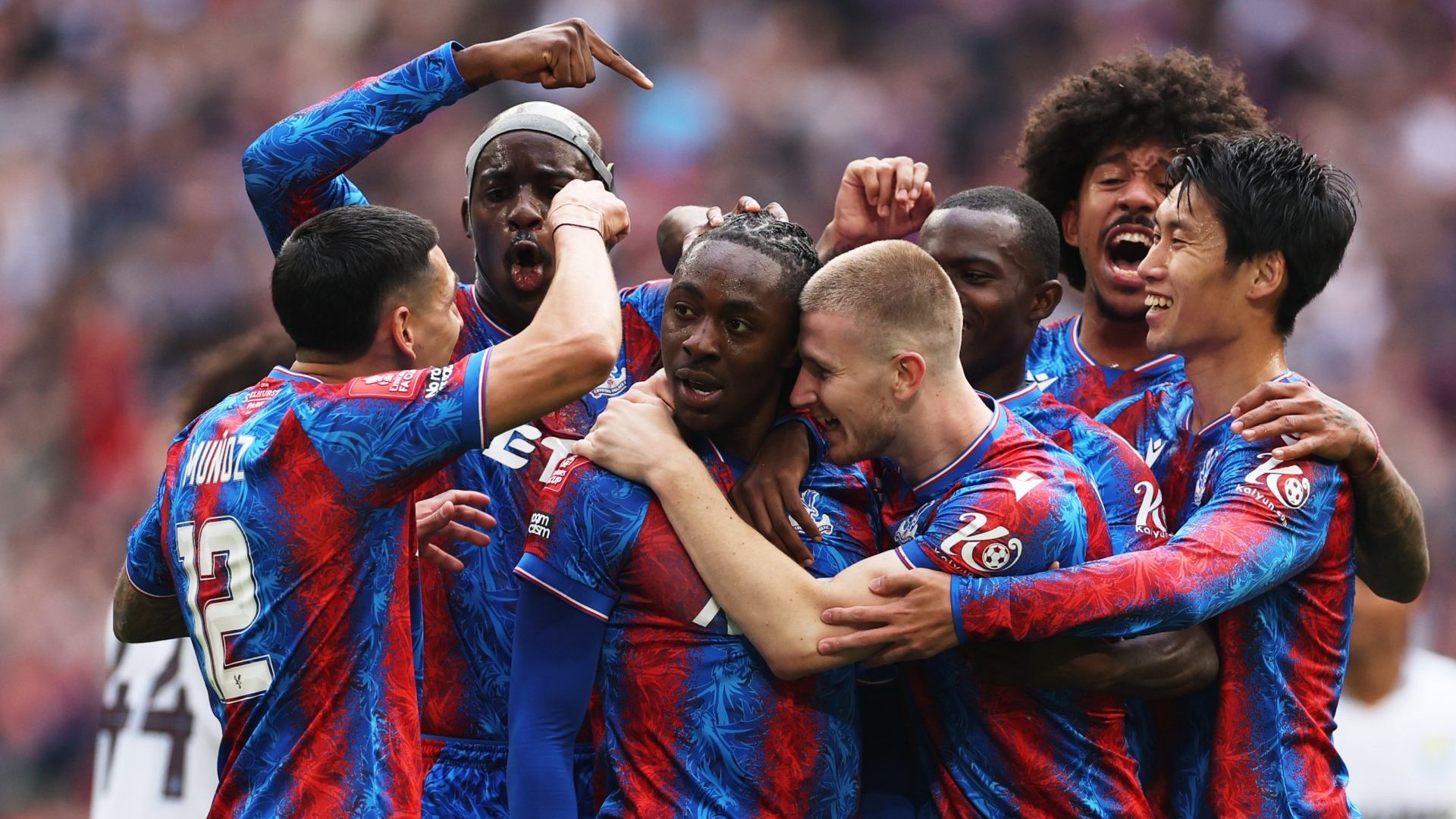 Eberechi Eze of Crystal Palace celebrates scoring his team's first goal with teammates during the FA Cup semi-final match against Aston Villa. Photo: Richard Heathcote/Getty Images